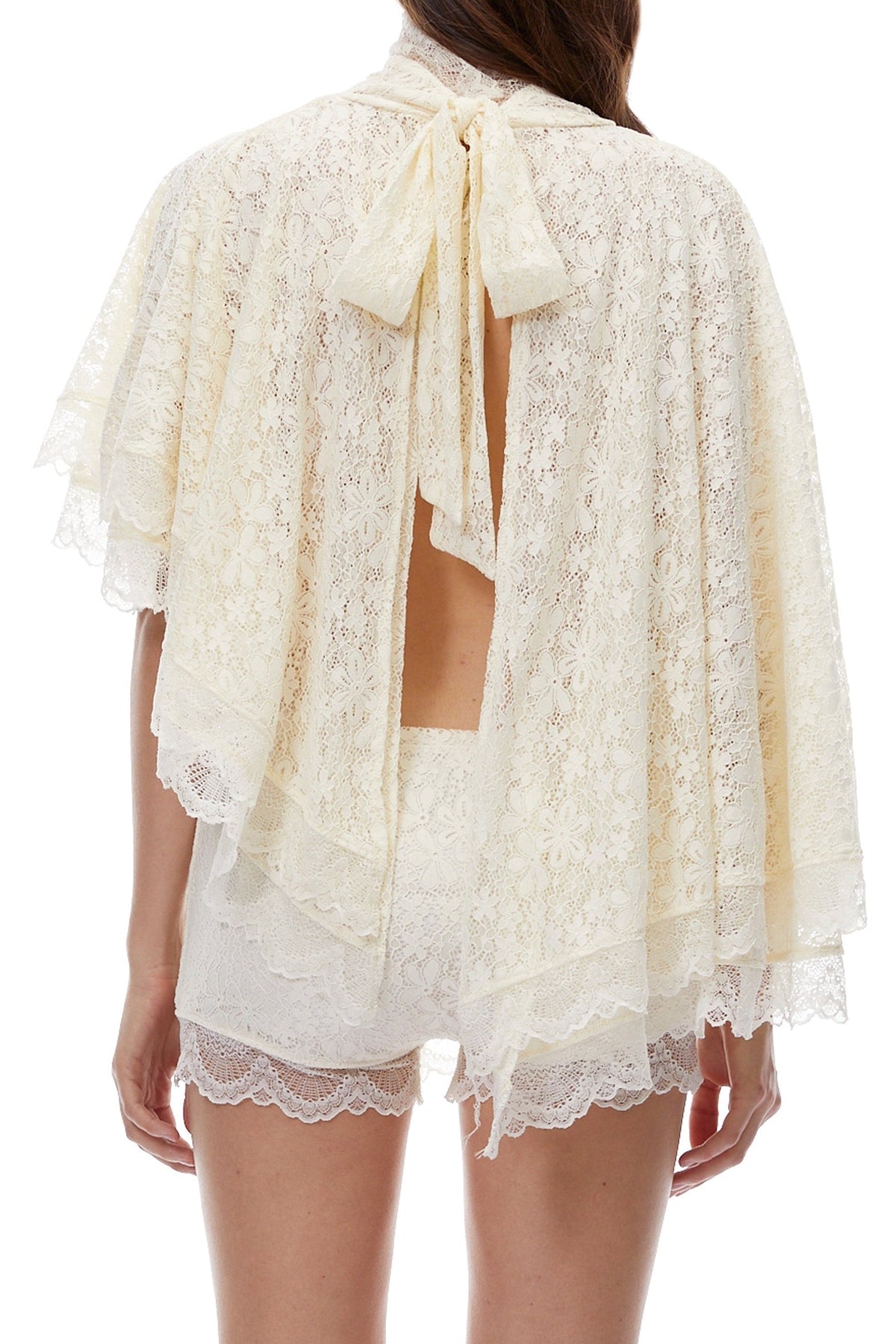 Cream Lace High Neck Tiered Ruffle Cape Blouse & Lace Shorts Two-Piece Set Flowering Girl