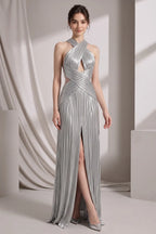 Silver Metallic Plissé Column Gown Flowering Girl