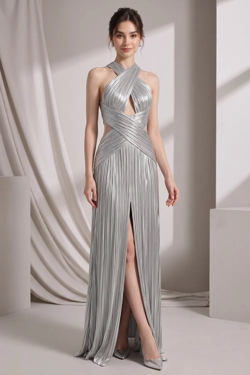 Silver Metallic Plissé Column Gown Flowering Girl