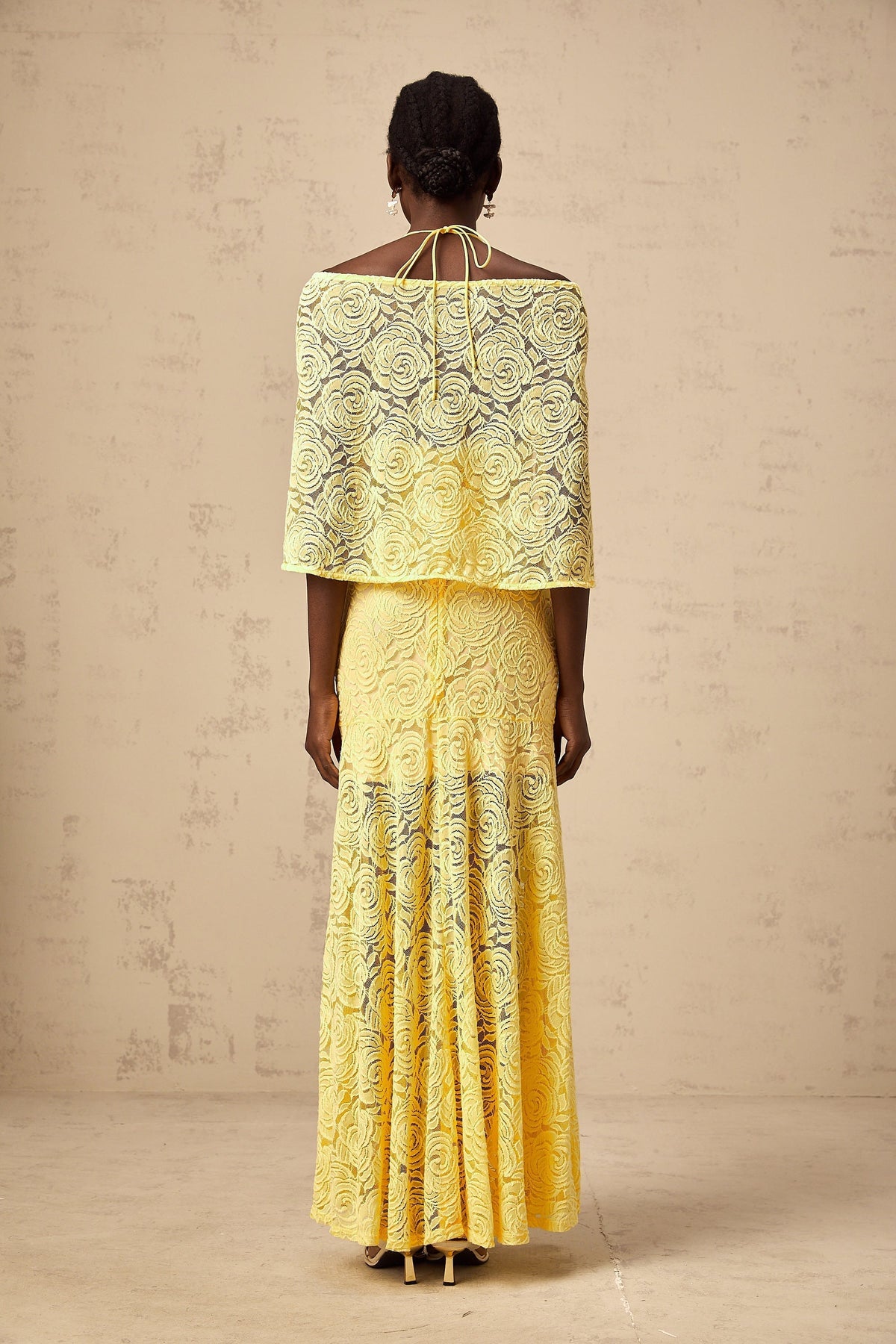 Ursula yellow cape-design chantilly-lace maxi dress Flowering Girl