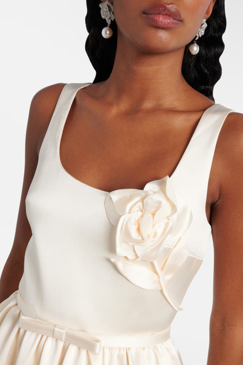 Polly Floral-Appliqué Satin Midi Dress In Ivory Flowering Girl
