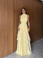 Yellow Chiffon A-Line Halter Maxi Dress Flowering Girl
