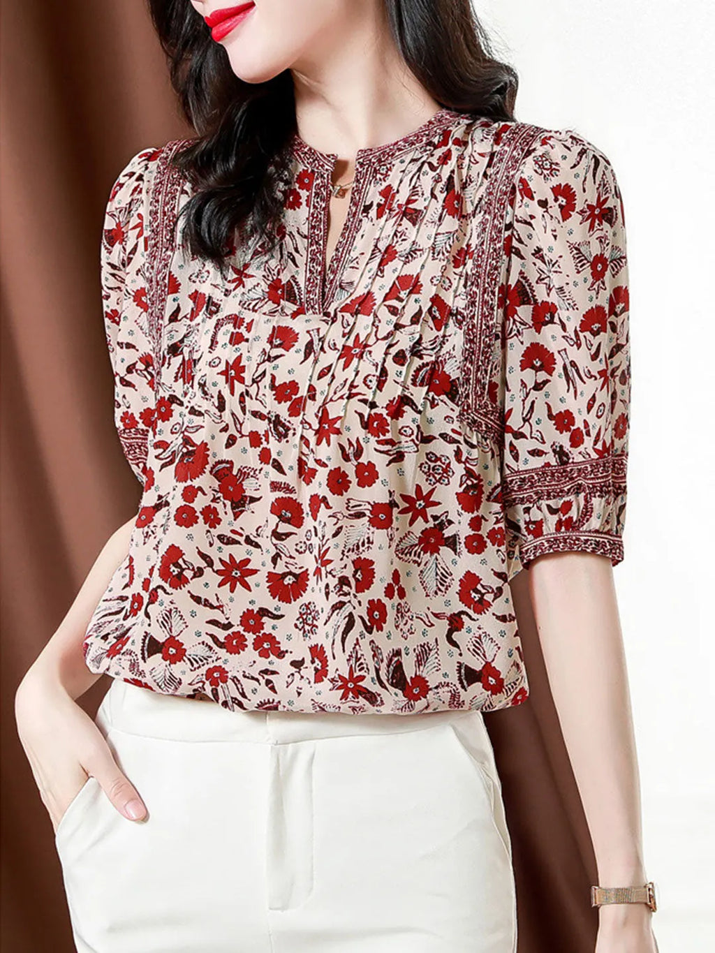 Lesley Classic Puff Sleeve Printed Top Flowering Girl