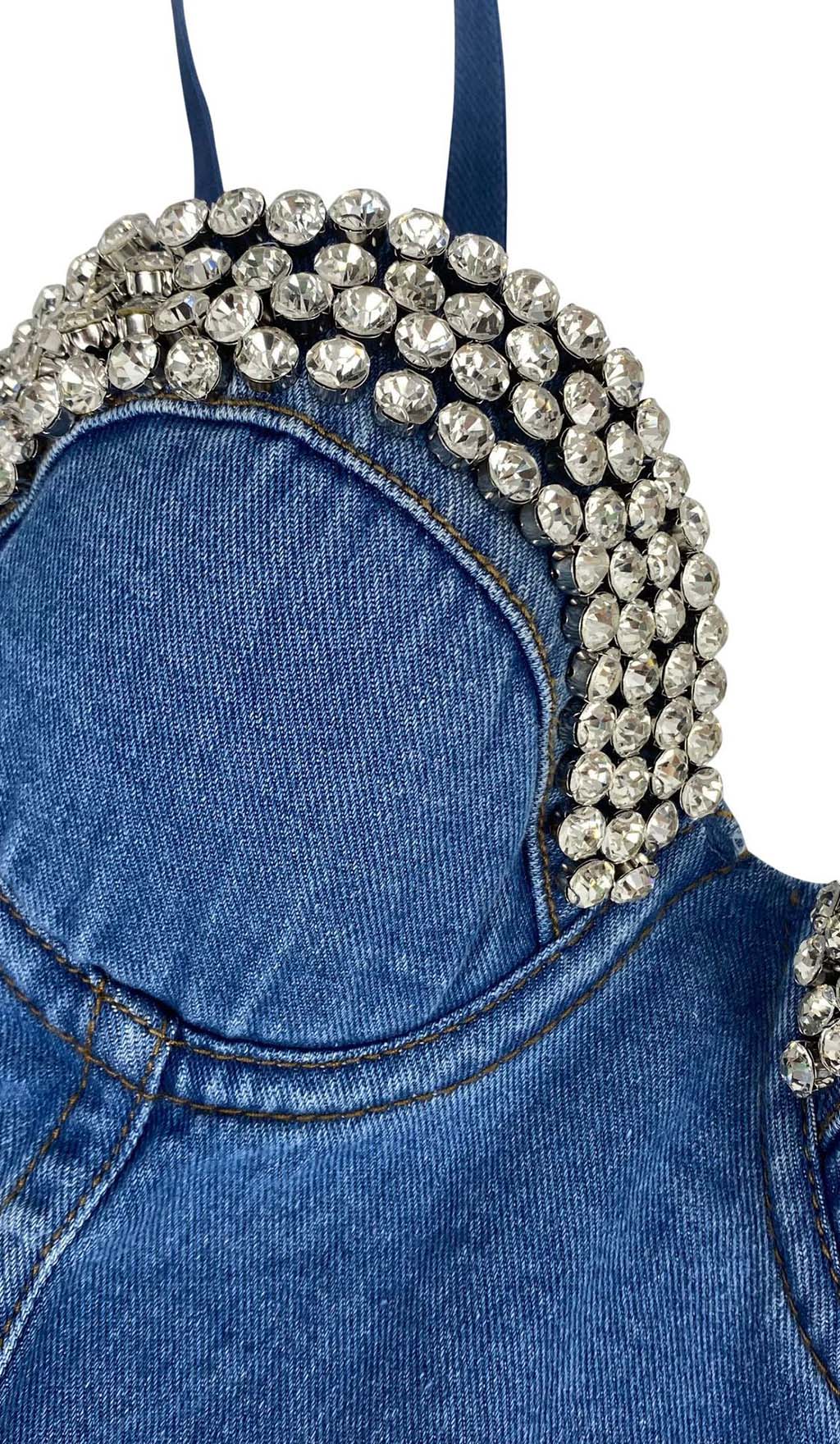 Rhinestone Backless Cropped Top In Navy Blue Flowering Girl