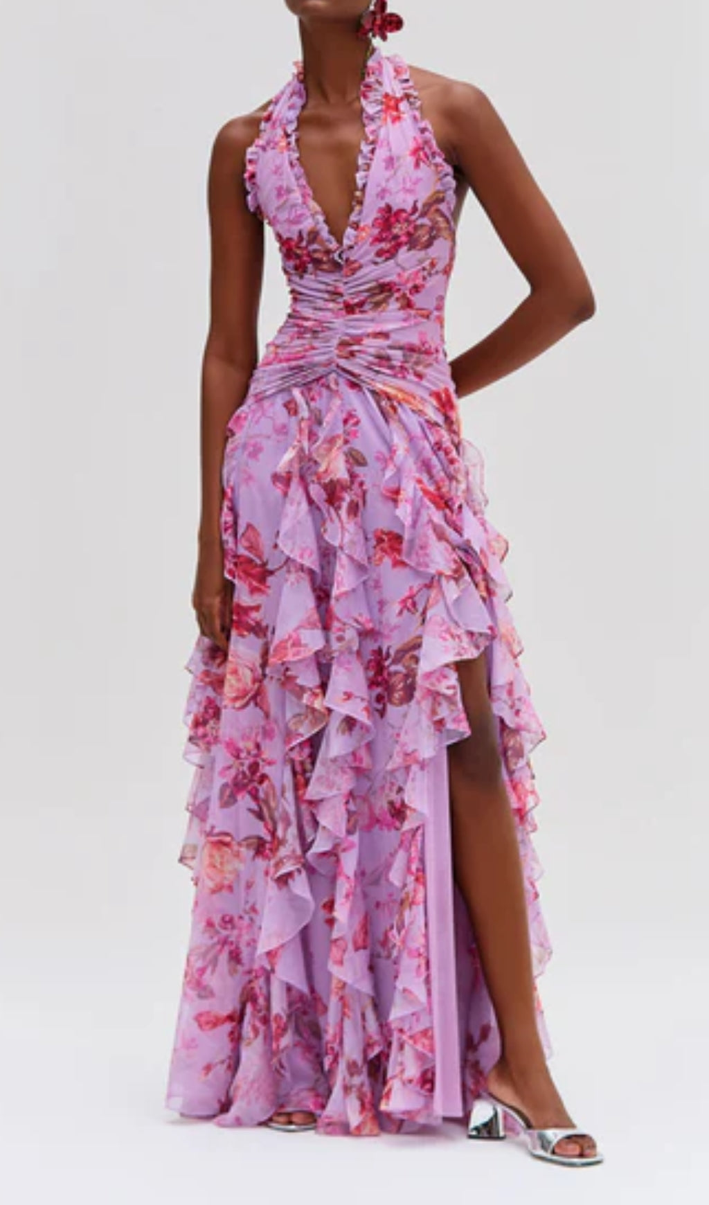 Delicah Pink Halter Floral Ruffle Maxi Dress Flowering Girl
