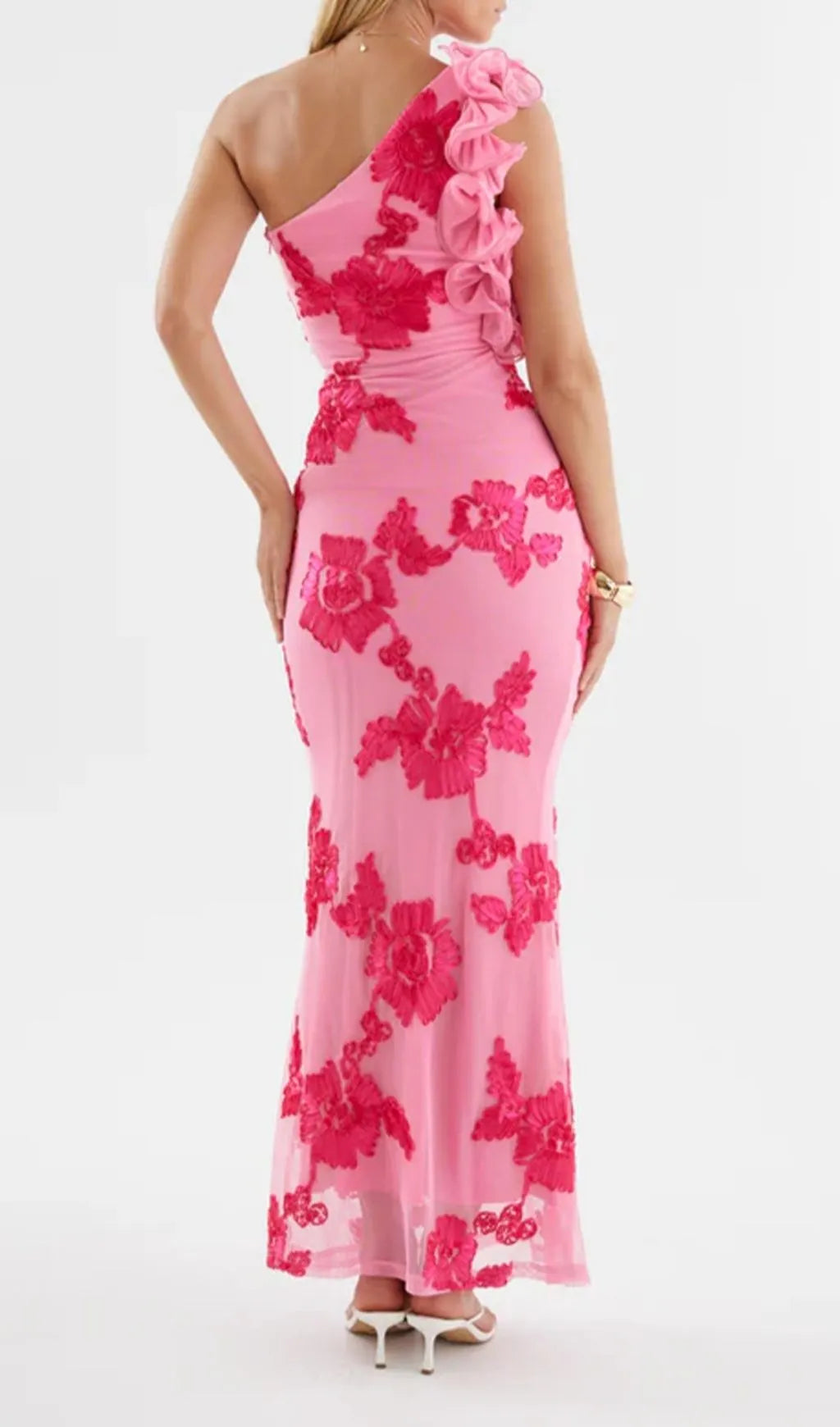 Novia One-Shoulder 3d Flower Embroidery Bodycon Maxi Dress - Pink Flowering Girl