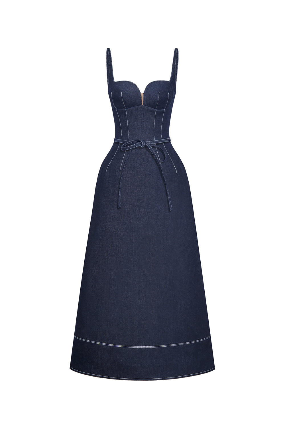 A-Line Sleeveless Denim Midi Dress In Blue Flowering Girl