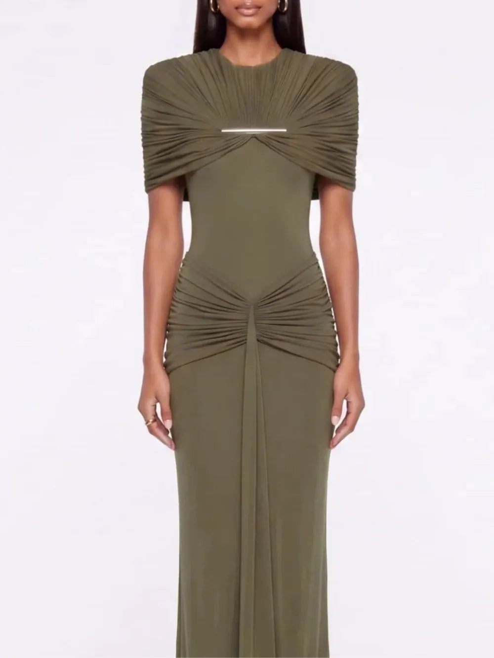 Quvion Shoulder Pad Ruched Maxi Dress In Olive Flowering Girl