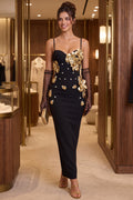Black Heavy Crepe Column Dress with 3D Metallic Gold Flowers Flowering Girl