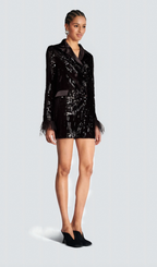Ariane black feather-trim sequin-embellished blazer Flowering Girl
