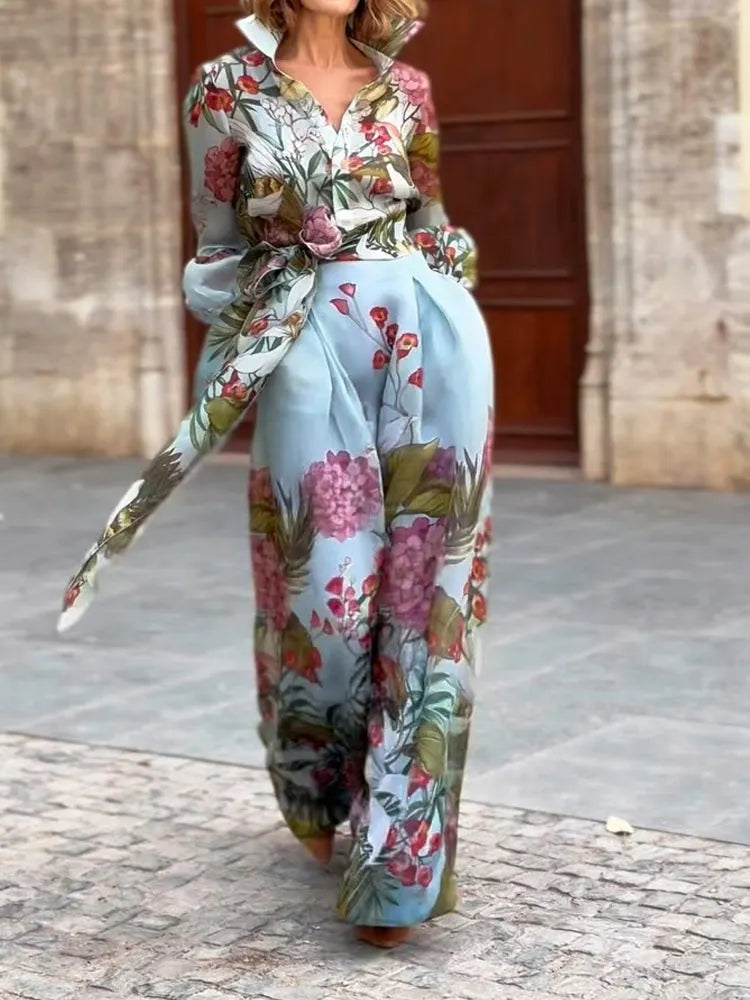 Elegant Floral Print Shirt and Skirt Two-piece Set Flowering Girl