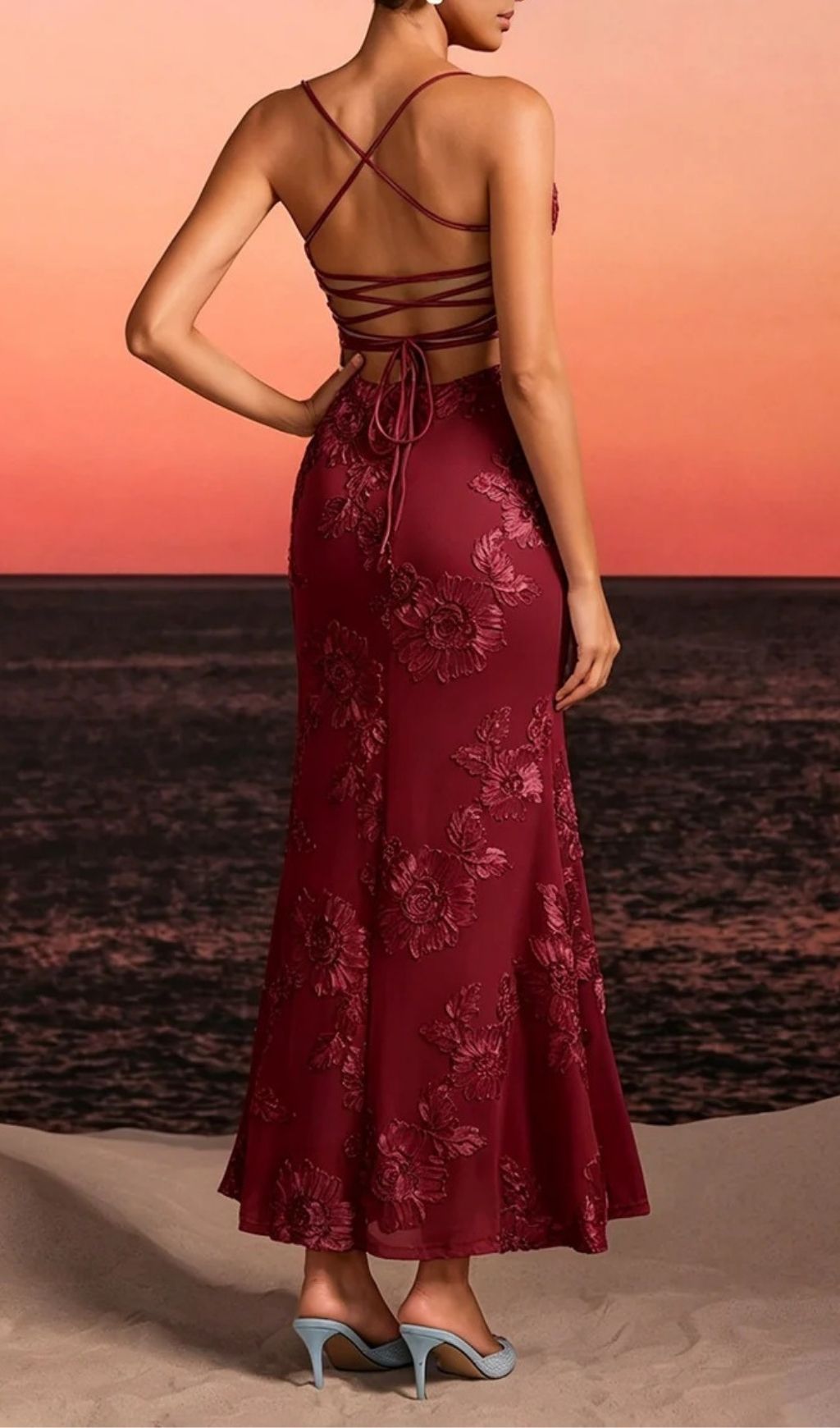 Zryne Spaghetti Embroidered Flower Maxi Dress In Wine Flowering Girl