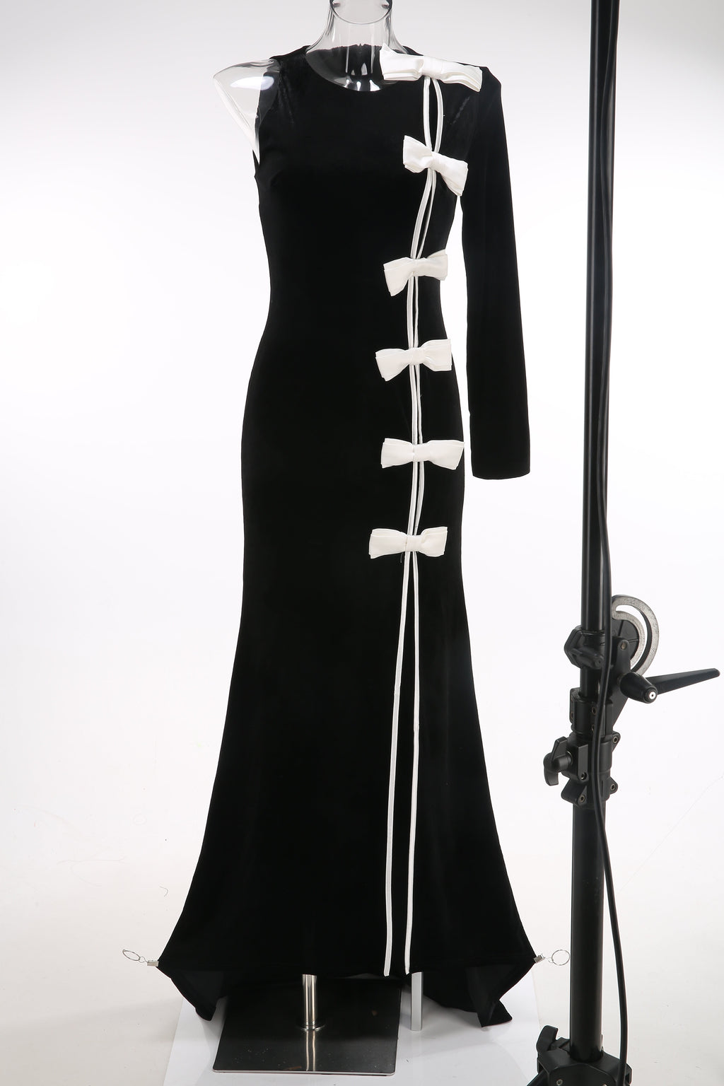 Victoria Bow Cascade Velvet Maxi Dress In Black Flowering Girl