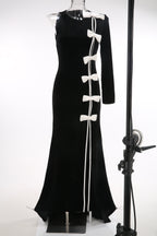 Victoria Bow Cascade Velvet Maxi Dress In Black Flowering Girl