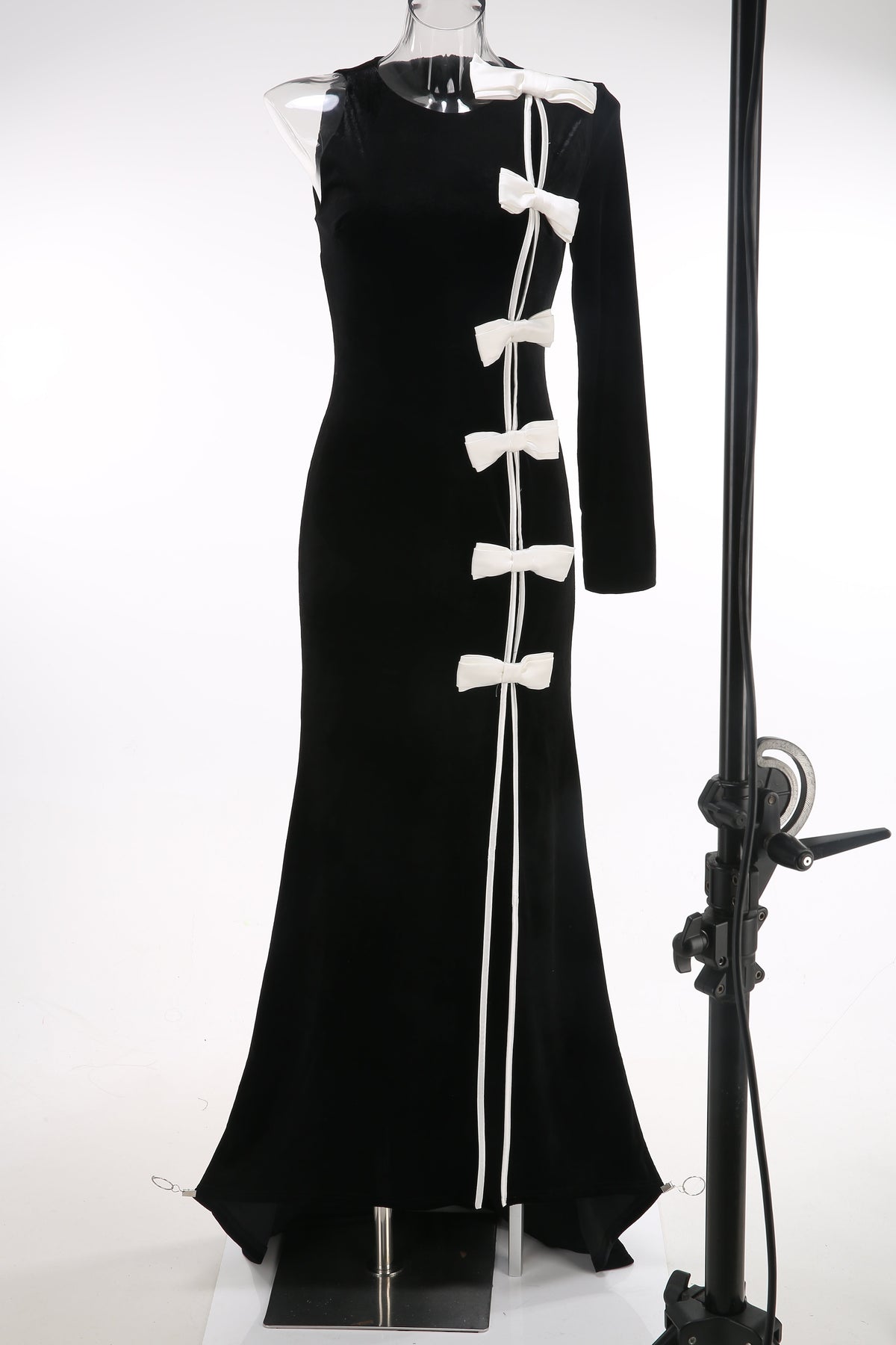 Victoria Bow Cascade Velvet Maxi Dress In Black Flowering Girl