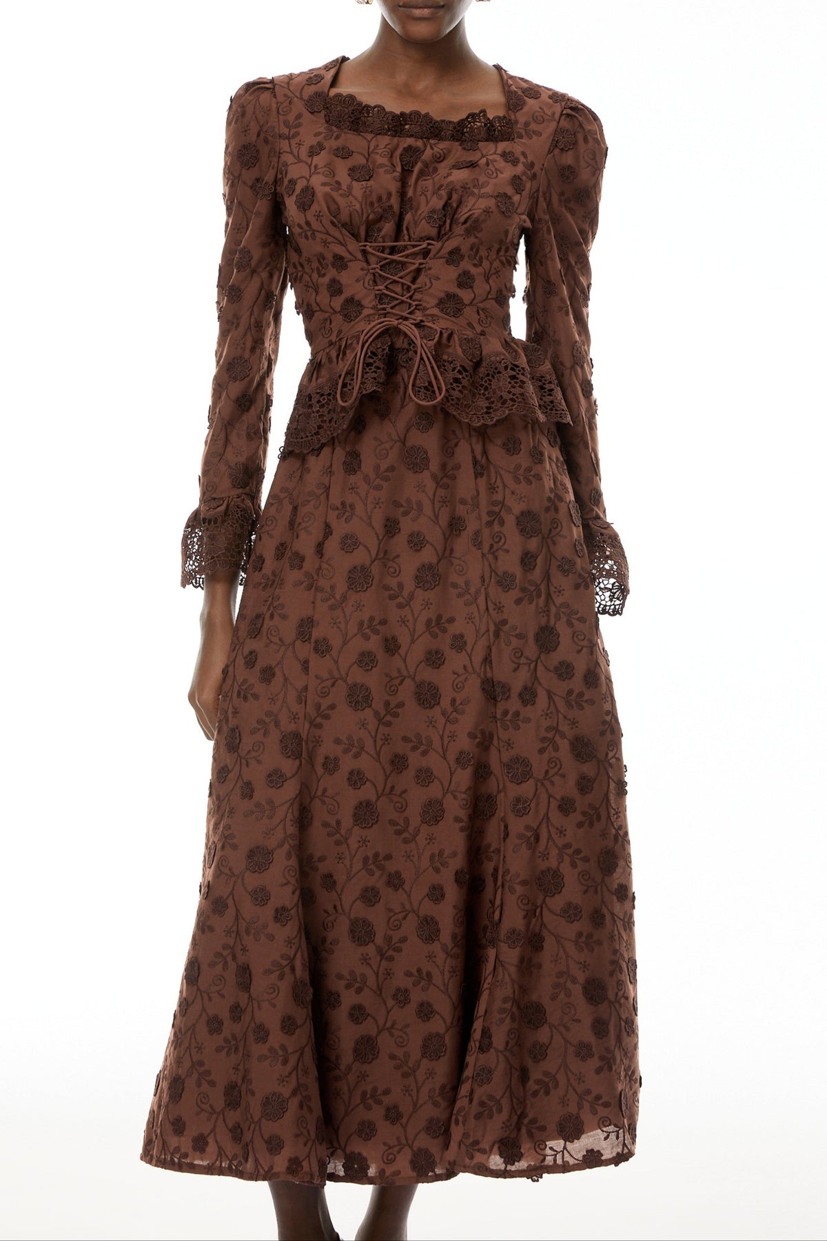 Fiorenza Brown Floral Lace Blouse & Skirt Set Flowering Girl