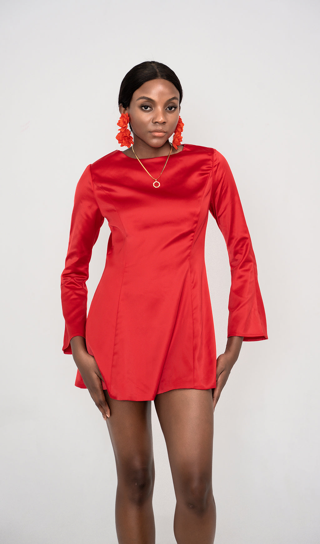 RANDA RED SATIN LONG SLEEVE MINI DRESS Flowering Girl