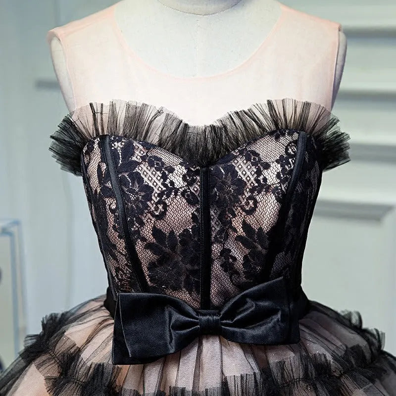 Lorraine Bow Lace Strapless Puffy Mini Dress In Black Flowering Girl