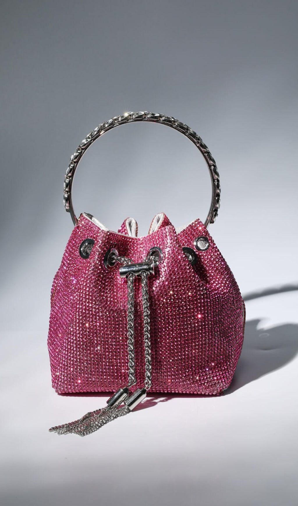 Crystal Embellished Bucket Bag In Hot Pink Flowering Girl