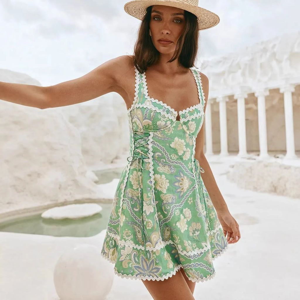 Green Linen Sleeveless Camisole Lace Dress Flowering Girl