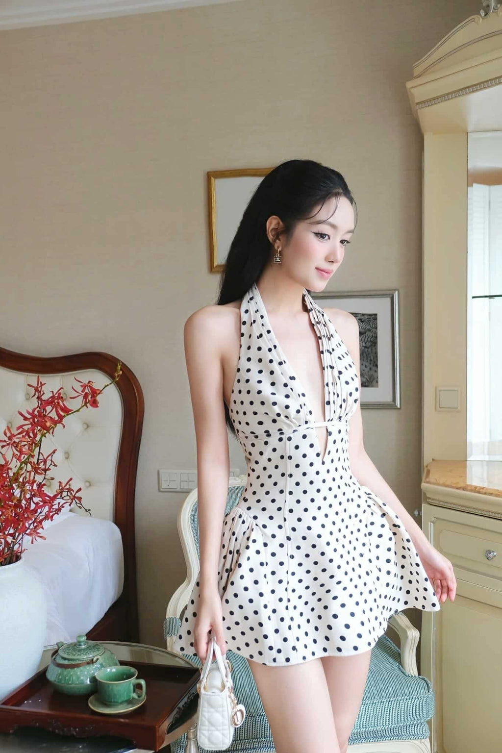 Tiffany Plunge Dot Mini Dress Flowering Girl