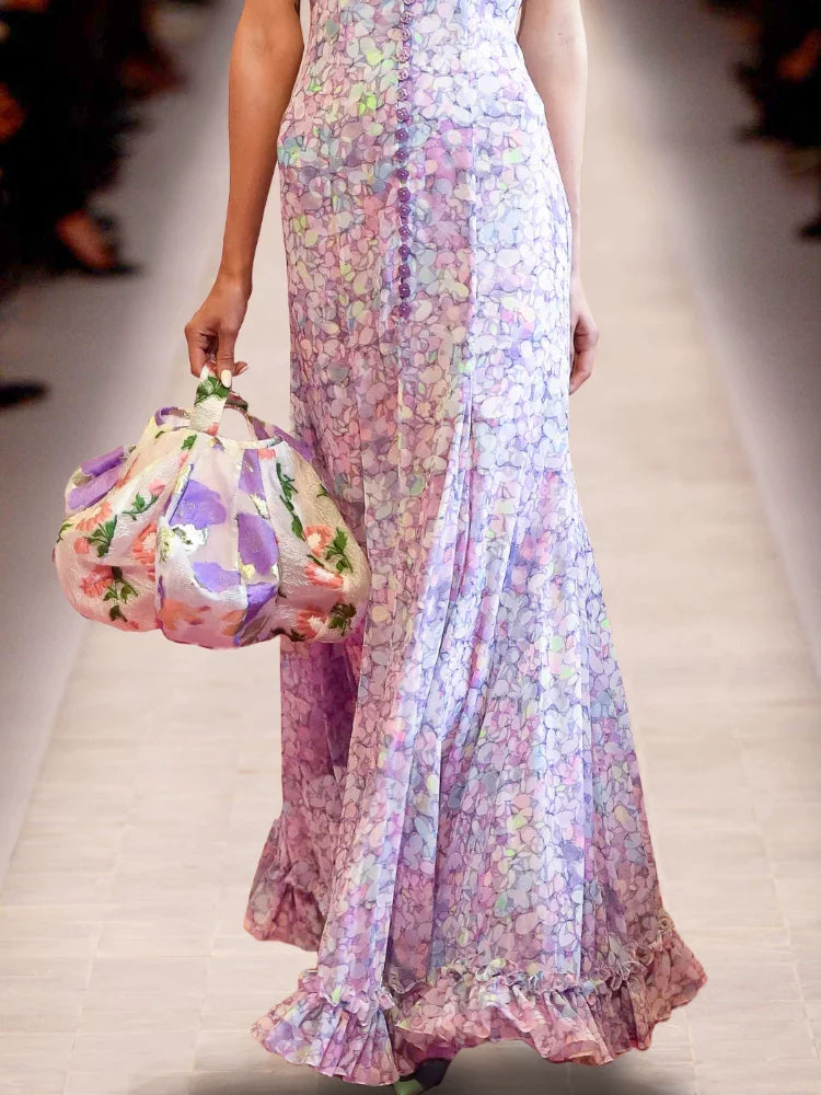 Pink Floral V-Neck Ruffle Maxi Dress Flowering Girl