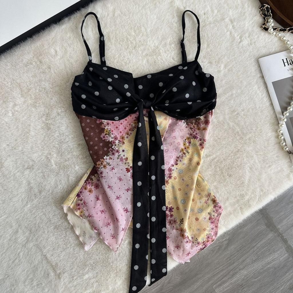 Black Sheer Chiffon Fitted Bodice with Asymmetrical Handkerchief Hem Camisole Top Flowering Girl