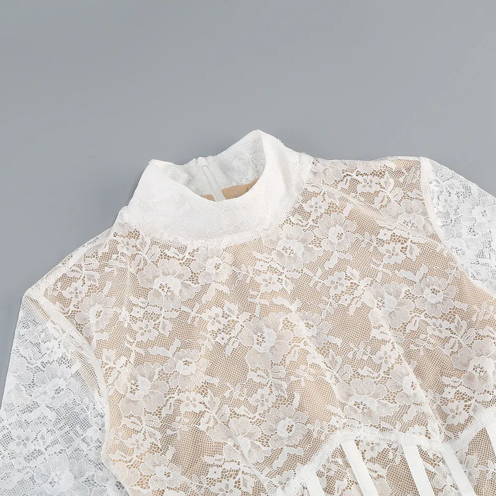 Dorisa White Lace Corset Long Sleeve Mini Dress Flowering Girl