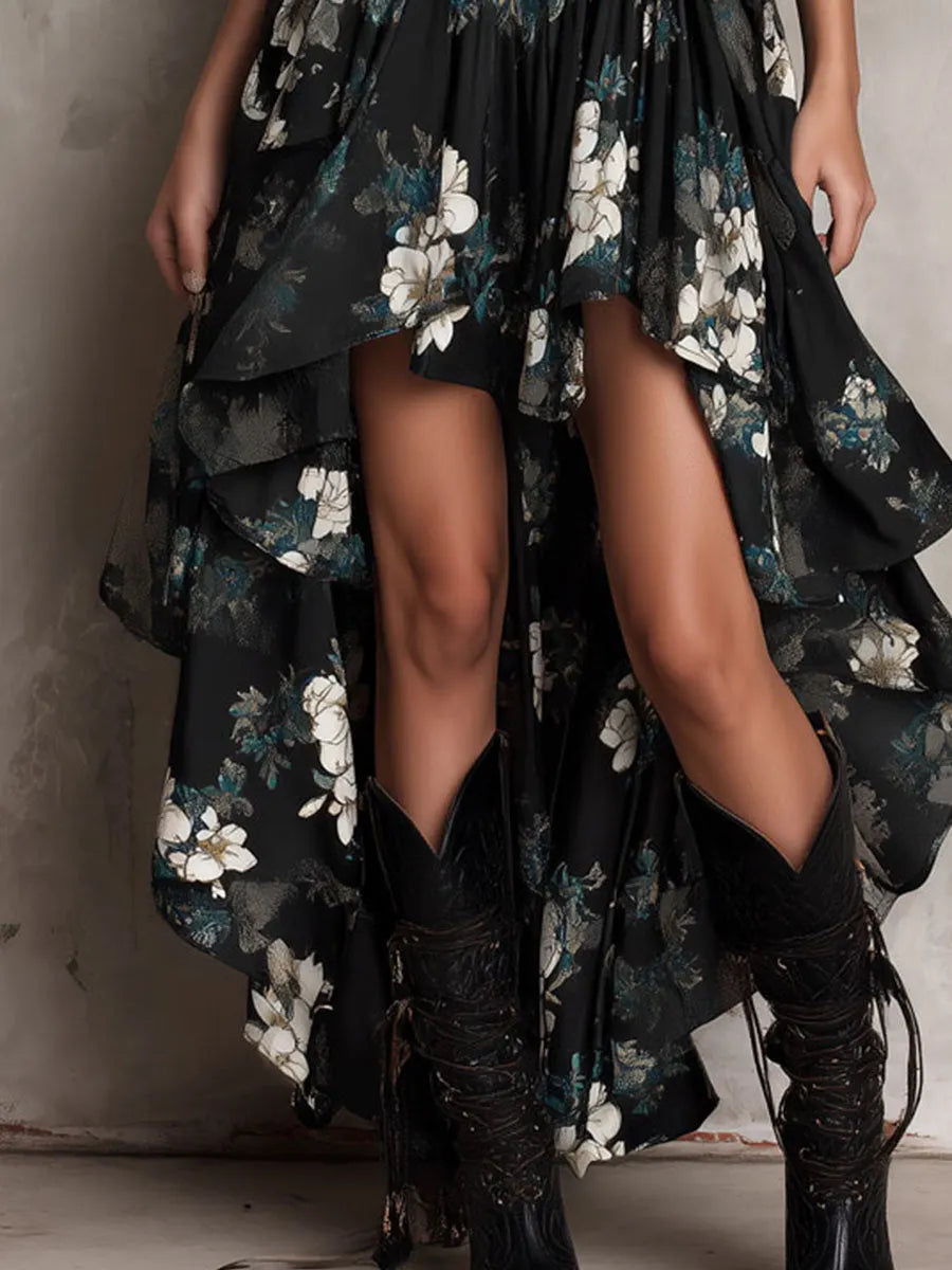 Black Bohemian Floral Print Irregular Strapless Maxi Dress Flowering Girl