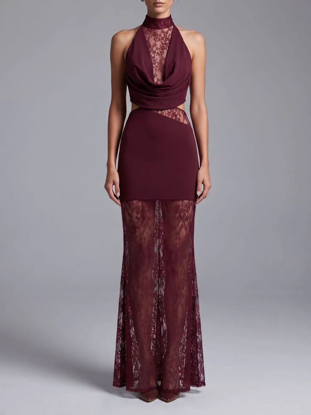 Milla Wine Halter Lace Maxi Dress Flowering Girl