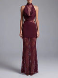 Milla Wine Halter Lace Maxi Dress Flowering Girl