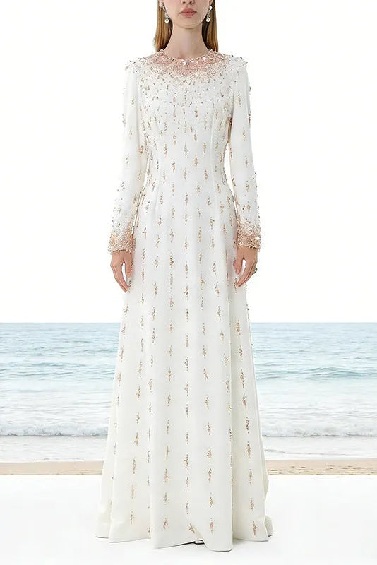 White Long Sleeve Beaded Diamond Maxi Dress Flowering Girl