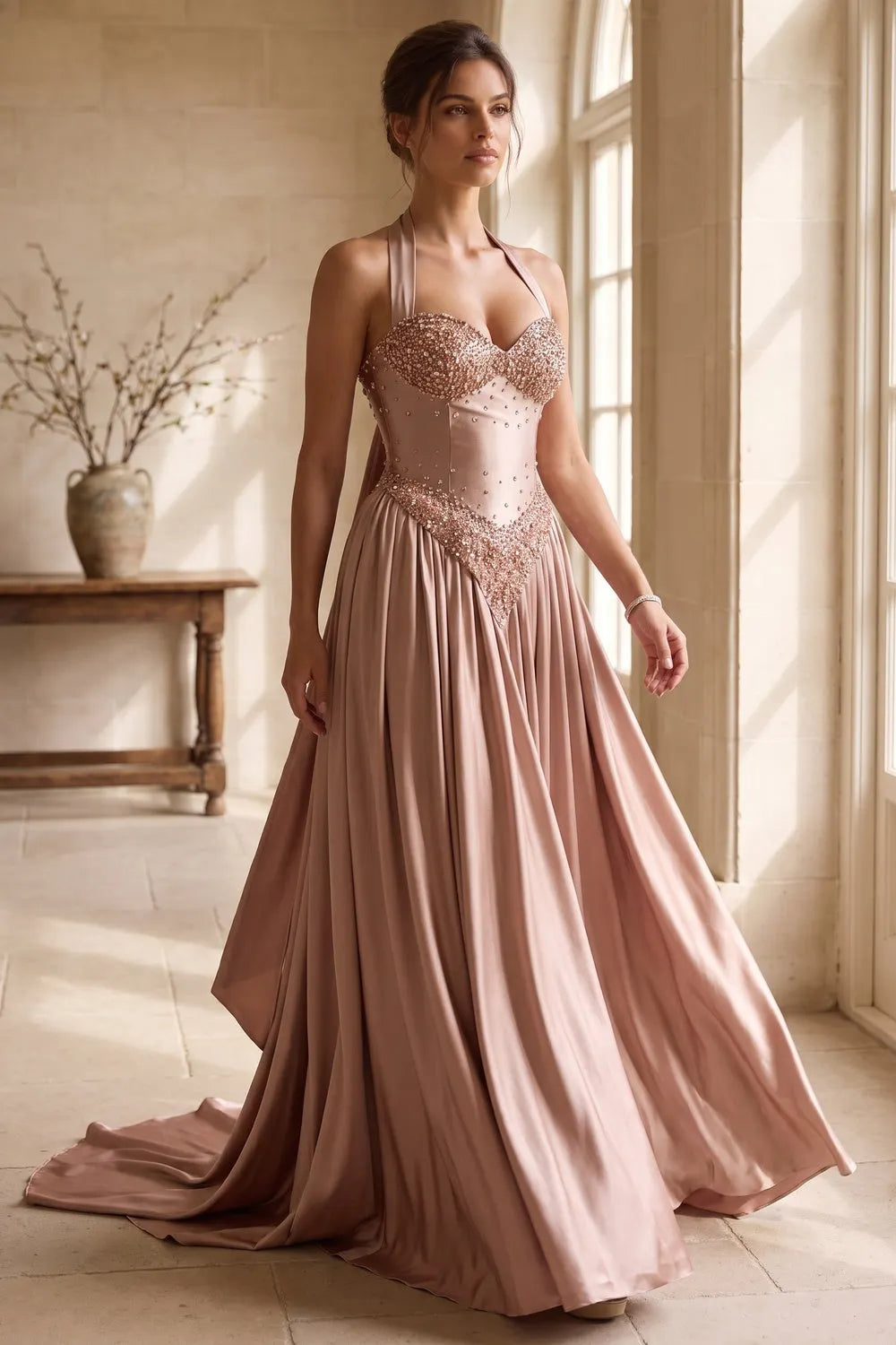 Rose Gold Satin A-Line Evening Gown Flowering Girl