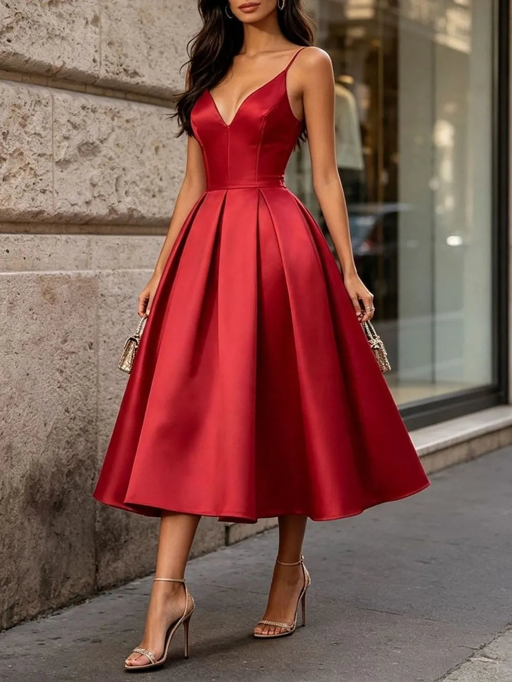 Masa Spaghetti V-Neck Backless Midi Dress Flowering Girl