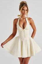 Doris Mini Dress - Lemon Gingham Flowering Girl