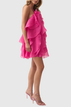 Lorraine Halter Floral Ruffle Layered Mini Dress In Fuchsia Flowering Girl