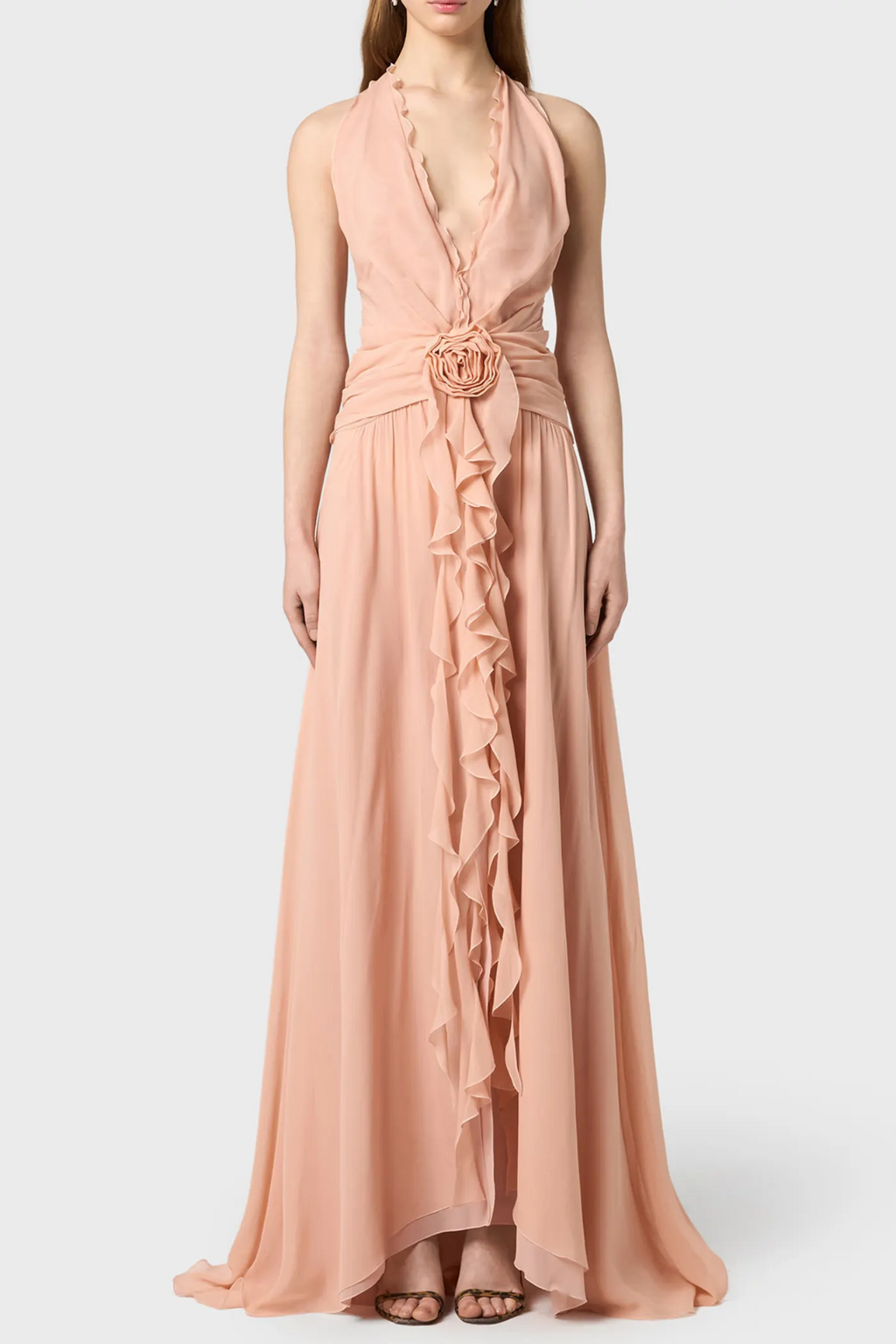 Aonaver Floral Ruffle Halter Maxi Dress - Pink Flowering Girl