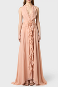 Aonaver Floral Ruffle Halter Maxi Dress - Pink Flowering Girl