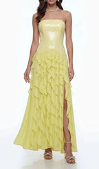 Florence Off-Shoulder Ruffle Slit Maxi Dress In Yellow Flowering Girl