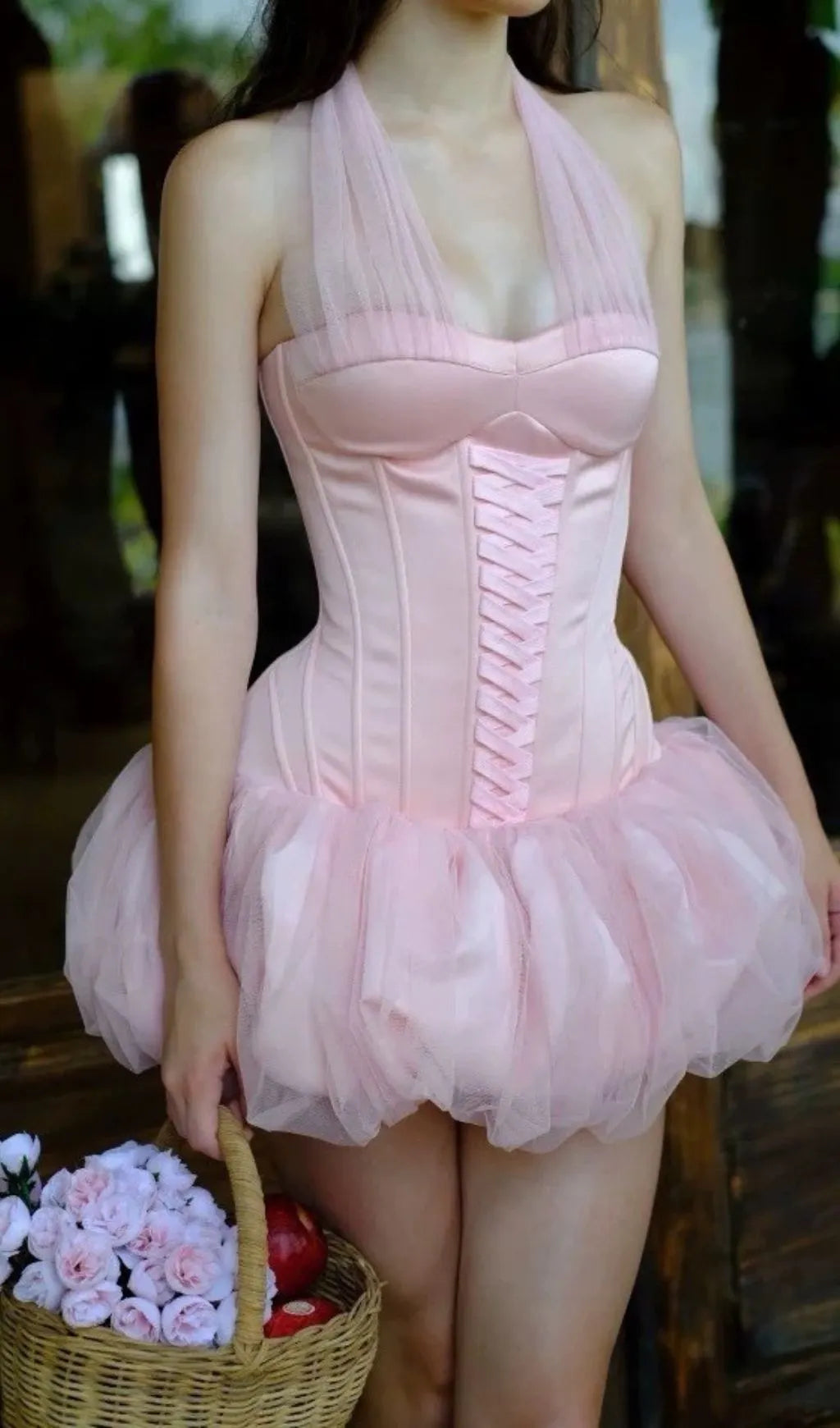 Jerrell Pink Halter Mesh Mini Dress Flowering Girl