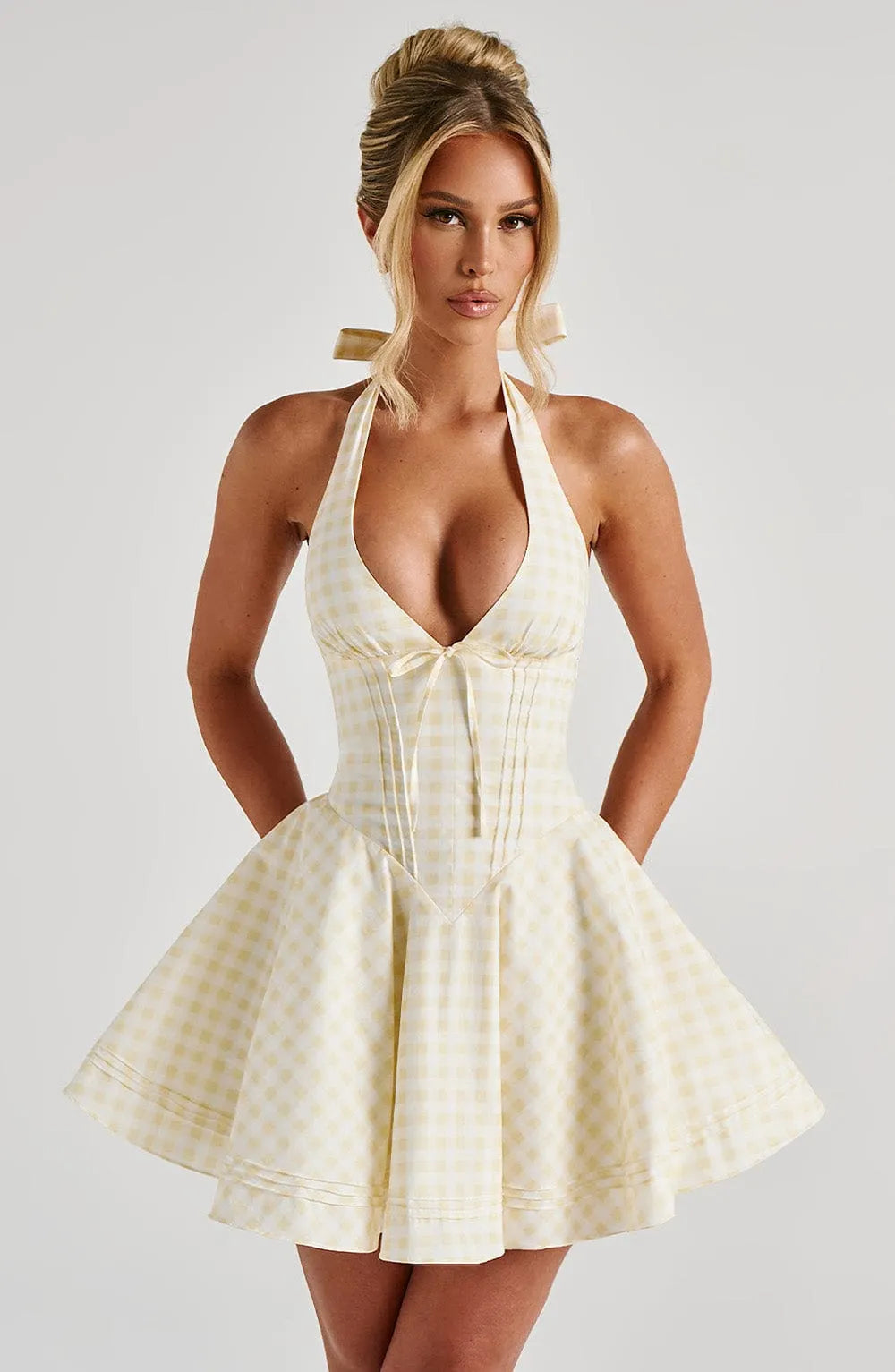 Doris Mini Dress - Lemon Gingham Flowering Girl