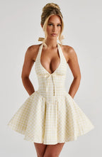 Doris Mini Dress - Lemon Gingham Flowering Girl