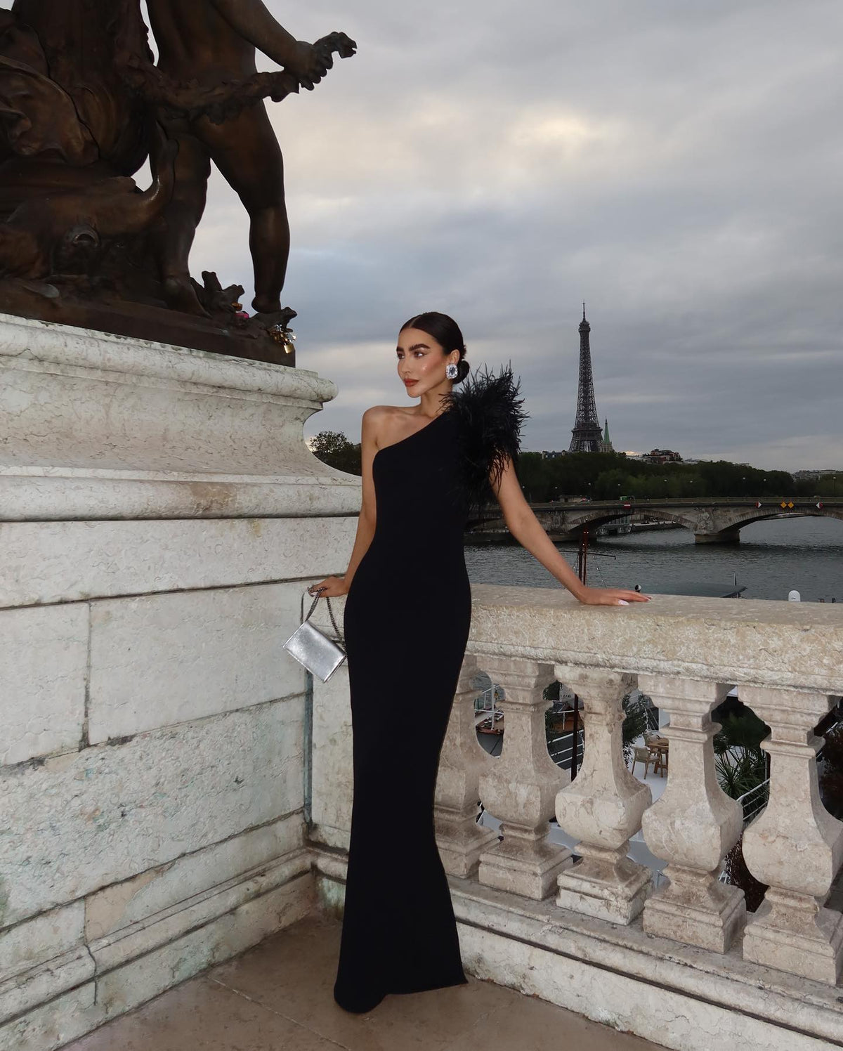 Black One-Shoulder Feather Maxi Dress