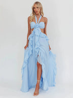 Blue Ruffle Strapless Long Chiffon Dress Flowering Girl