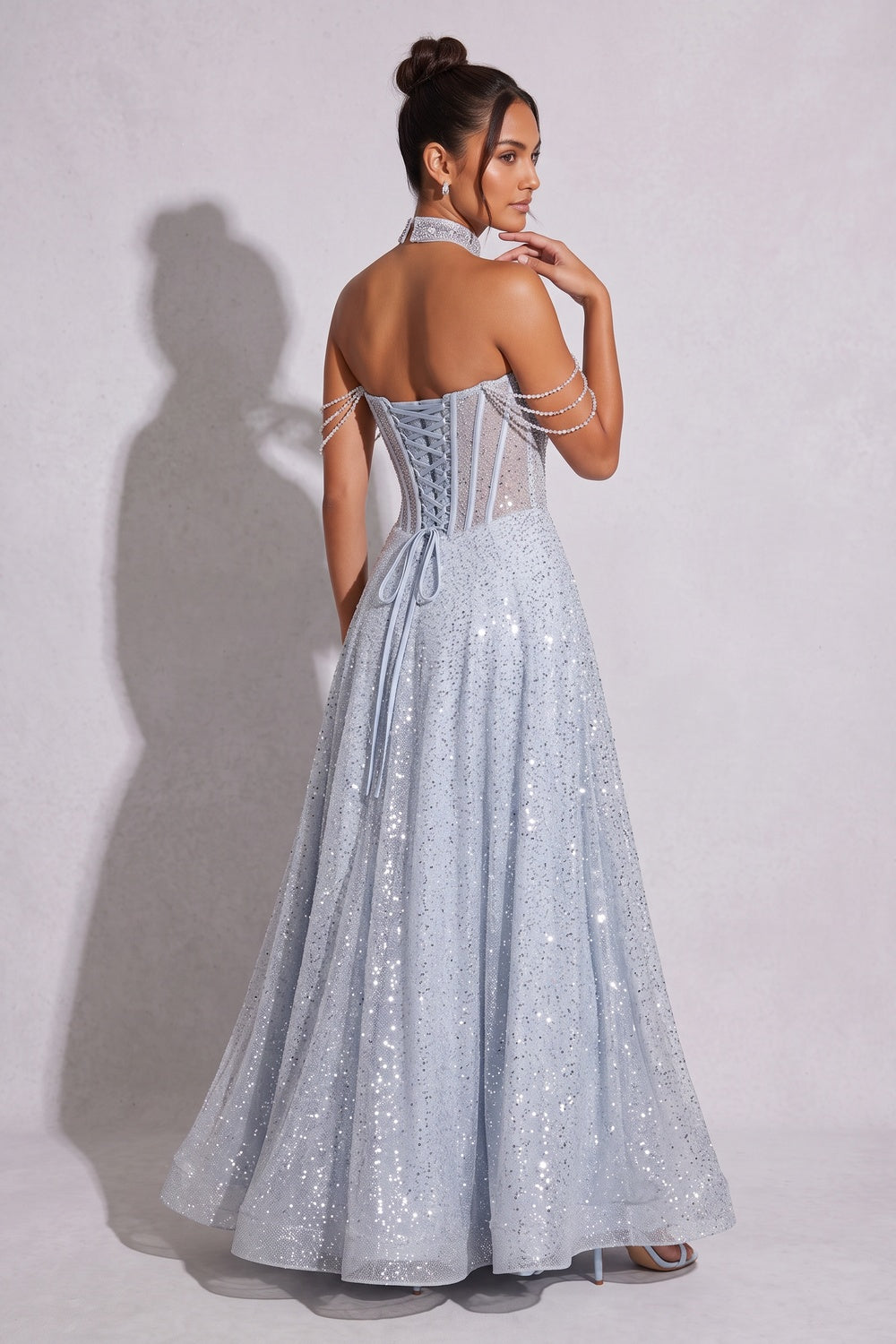 Ice Blue Glitter-Dusted Tulle A-Line Gown Flowering Girl