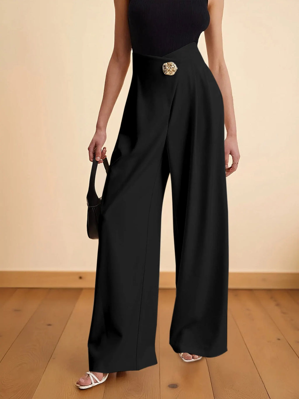 High Waist Wrap Front Gold Ornate Button Wide Leg Trousers Flowering Girl