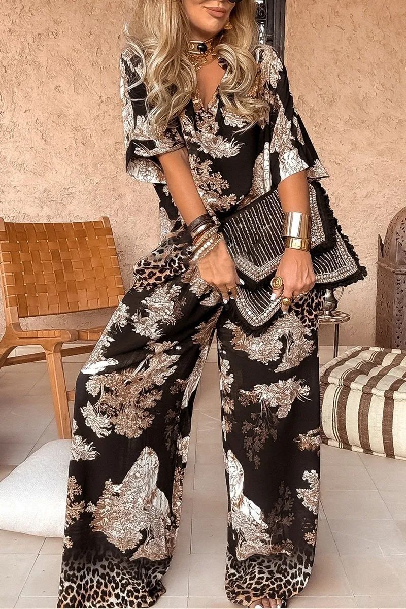 Casual V-Neck Printed Short-Sleeved Top And Wide-Leg Pants Set Flowering Girl