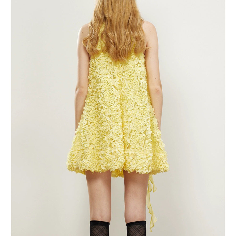 Ribbon halter mini dress in yellow Flowering Girl