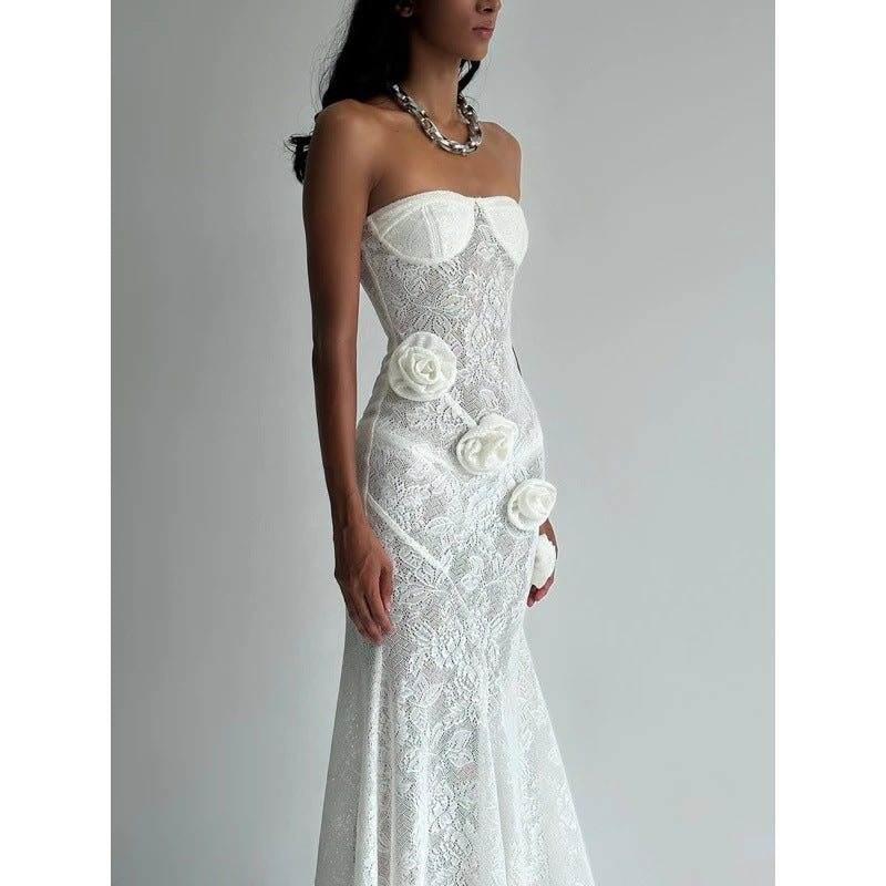 Sheer Lace Strapless Dress With Three-Dimensional Floral Fishtail Skirt - White Flowering Girl