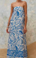 Tropical Leaf Print Strapless Maxi Dress Flowering Girl